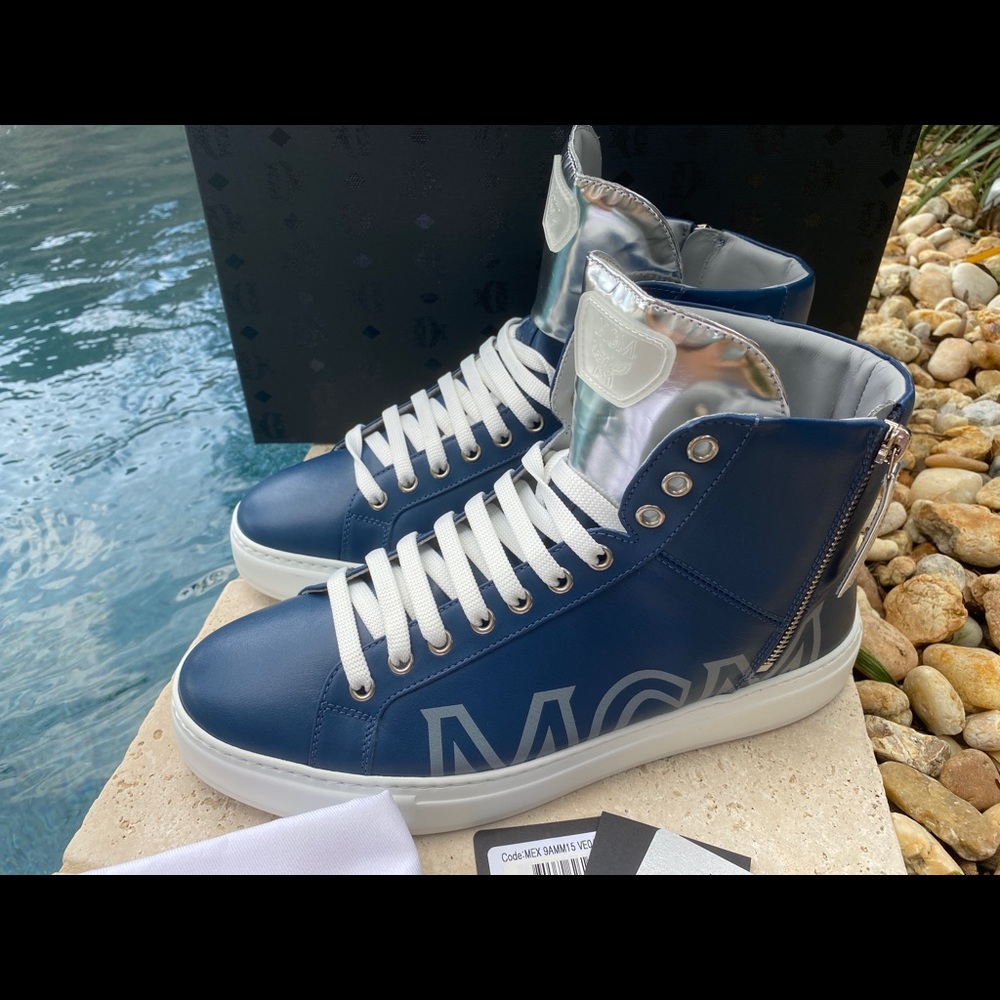 MCM Blue & Silver Leather Men's Hi-top Sneakers